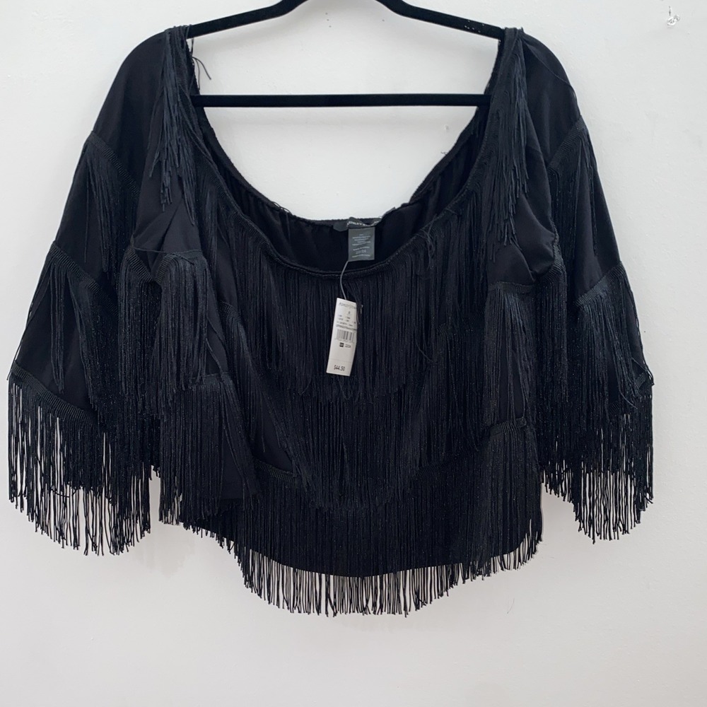 Ashley Stewart Women's Black Fringe Crop Top NWT Off Shoulder 22‎ 24